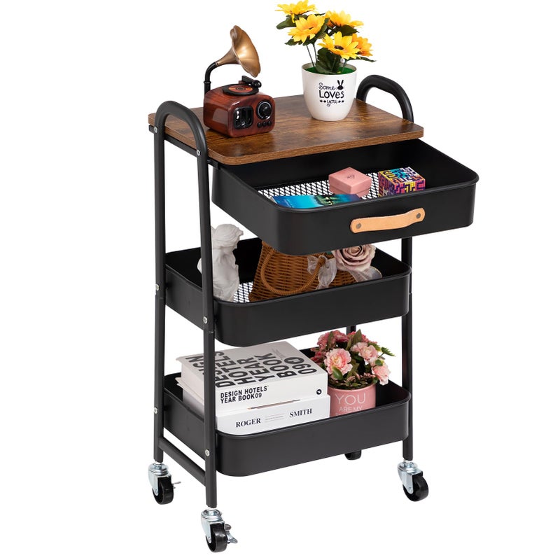 DOEWORKS Storage Trolley on Wheels 3Tier Metal Trolley Cart with Drawer Rolling Kitchen Trolleys Beauty Trolleys with Leather Handle for Room Bathroom Office Black