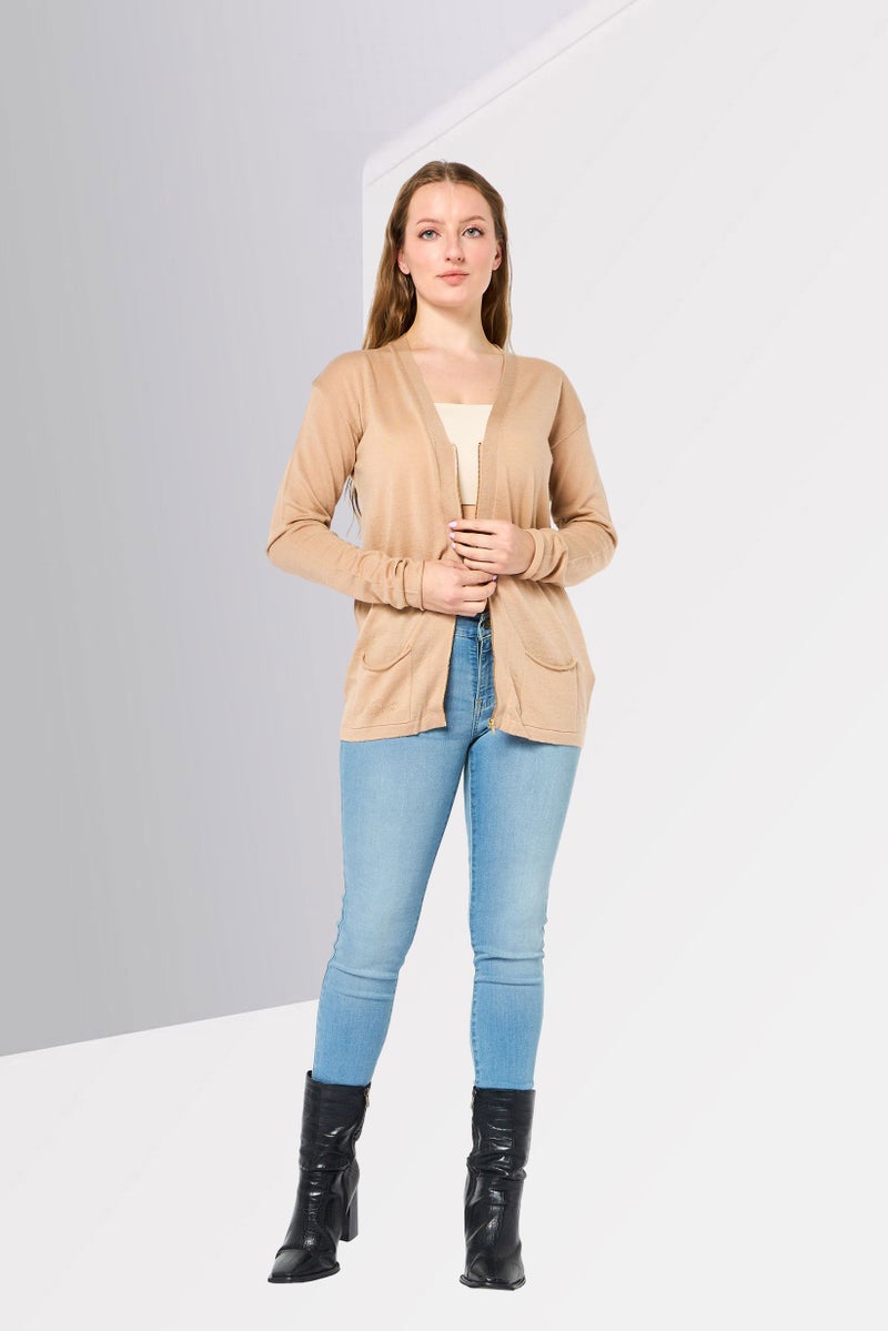 LACOSTE Women V Neck Long Sleeve Ful Zip Cardigans, Beige - Image 2