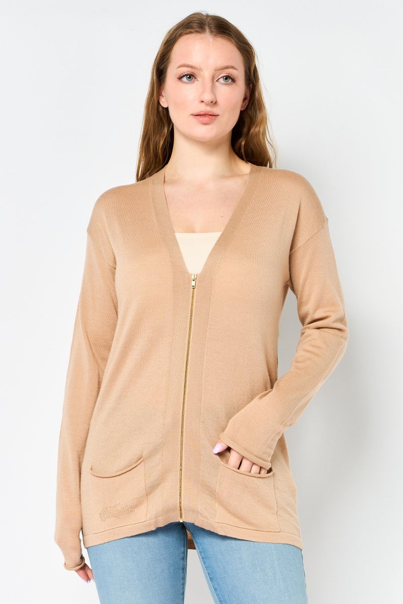 LACOSTE Women V Neck Long Sleeve Ful Zip Cardigans, Beige - Image 1
