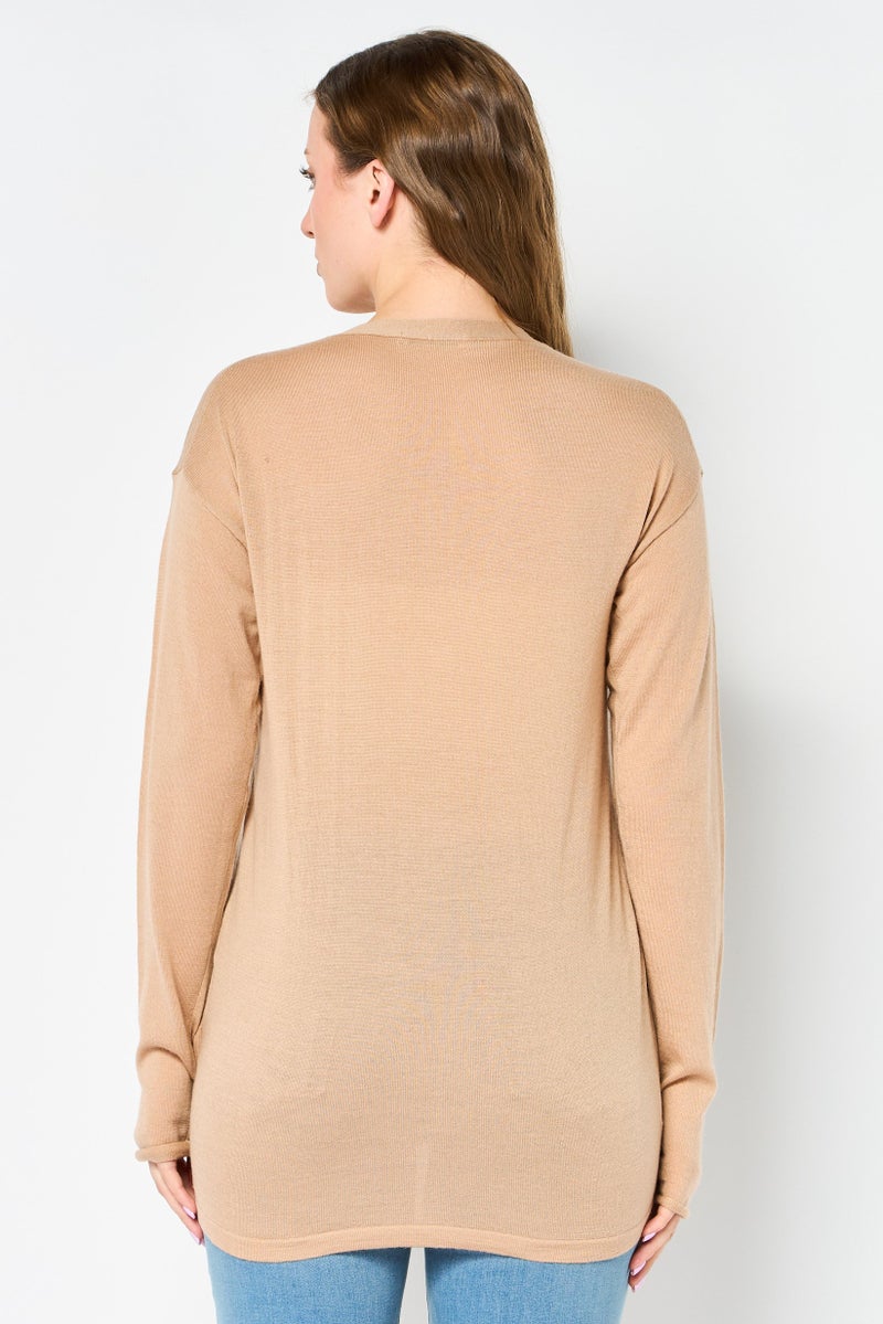 LACOSTE Women V Neck Long Sleeve Ful Zip Cardigans, Beige - Image 4