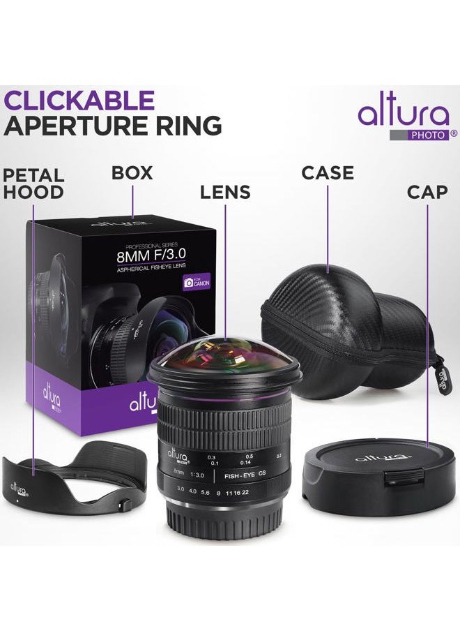 Altura Photo 8mm f/3.0 Professional Wide Angle Lens Aspherical Fisheye for Canon EOS 90D 80D 77D Rebel T8i T7 T7i T6i T6s T6 T100 SL2 SL3 DSLR Cameras with EF Mount  - Image 3