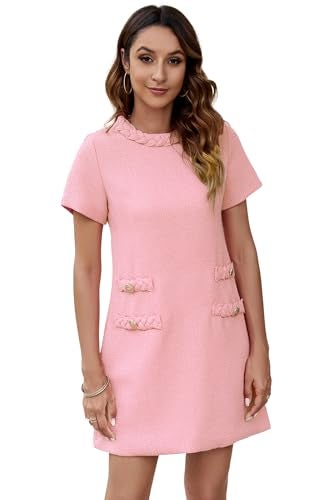 Ladyful Womens Tweed Jackie Dress Short Sleeve Elegant Crew Neck Business Party Vintage Button Bodycon Mini Jackie Dress Pink - Image 1