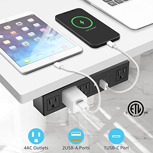 HHSOET شريط الطاقة تحت المكتب HHSOET مع لاصق 3M، قابس قابل للإزالة تحت المكتب مع شحن سريع USB C و USB A، 4 مخرج تحت الطاولة واقي من زيادة التيار 1200J، سلك تمديد بطول 6 أقدام. (أسود) - Image 3