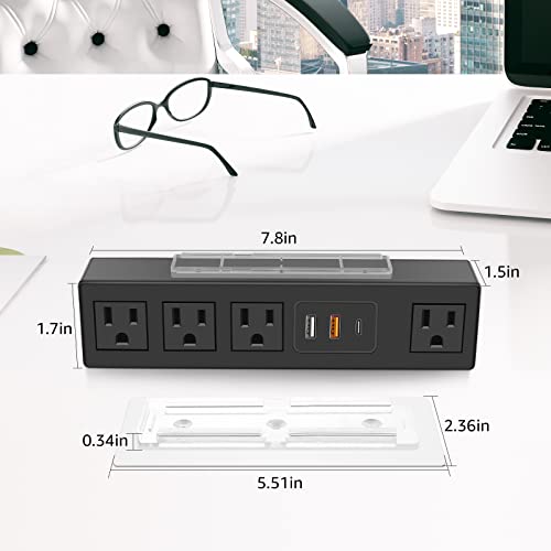 HHSOET شريط الطاقة تحت المكتب HHSOET مع لاصق 3M، قابس قابل للإزالة تحت المكتب مع شحن سريع USB C و USB A، 4 مخرج تحت الطاولة واقي من زيادة التيار 1200J، سلك تمديد بطول 6 أقدام. (أسود) - Image 5