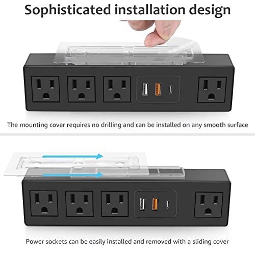 HHSOET شريط الطاقة تحت المكتب HHSOET مع لاصق 3M، قابس قابل للإزالة تحت المكتب مع شحن سريع USB C و USB A، 4 مخرج تحت الطاولة واقي من زيادة التيار 1200J، سلك تمديد بطول 6 أقدام. (أسود) - Image 2