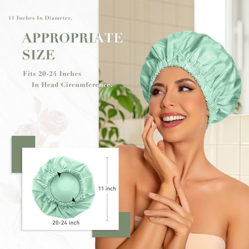 Edoneery Reusable Shower Cap for Women, Large Waterproof Shower Essentials Bonnet Washable Elastic Band Bath Hair Wrap Hat for Long Hair, Braids(Green Bean) - Image 3