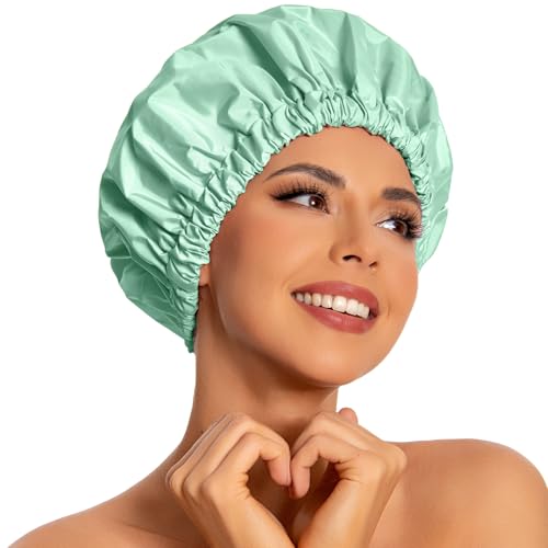 Edoneery Reusable Shower Cap for Women, Large Waterproof Shower Essentials Bonnet Washable Elastic Band Bath Hair Wrap Hat for Long Hair, Braids(Green Bean) - Image 1
