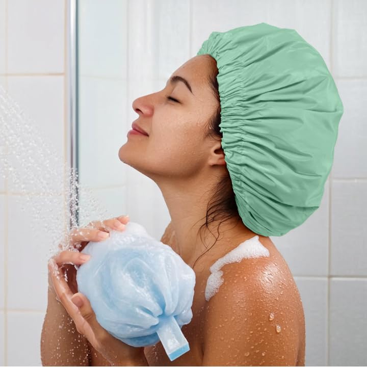 Edoneery Reusable Shower Cap for Women, Large Waterproof Shower Essentials Bonnet Washable Elastic Band Bath Hair Wrap Hat for Long Hair, Braids(Green Bean) - Image 4