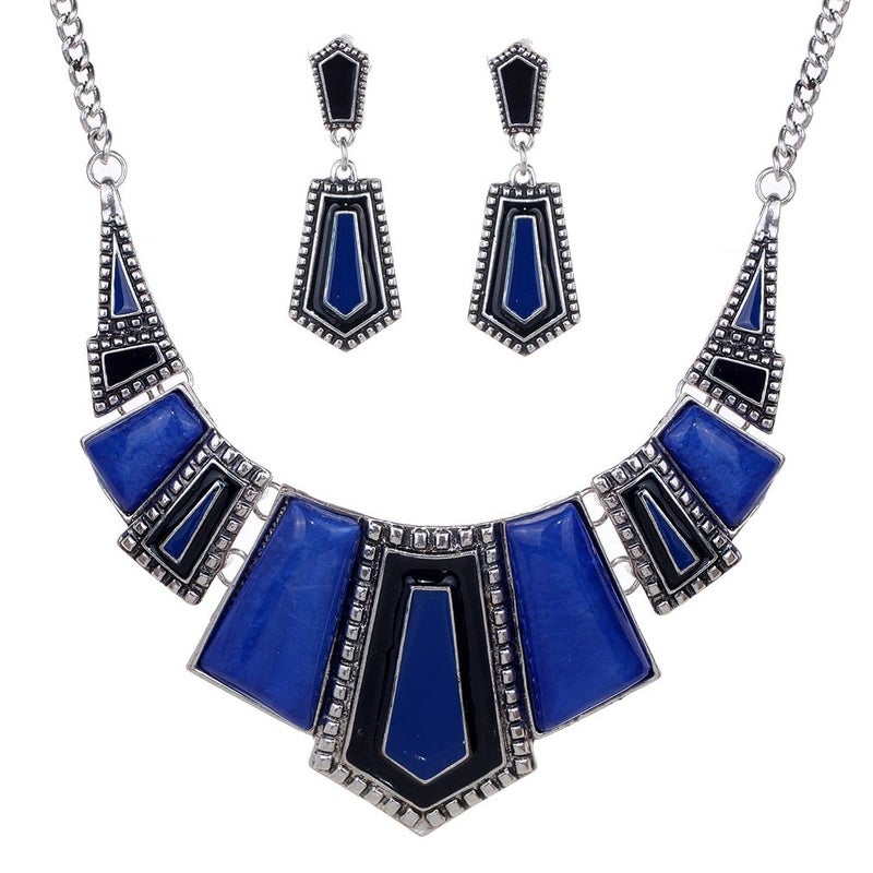 YAZILIND Vintage Ethnic Blue Irregular Bib Collar Earrings Necklace Jewelry Set - Image 1