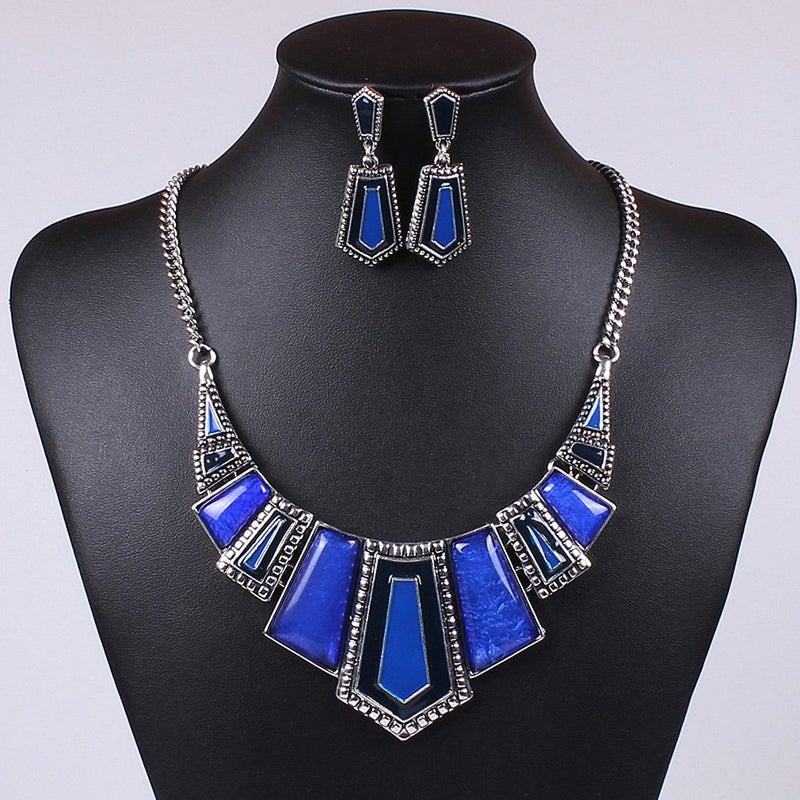 YAZILIND Vintage Ethnic Blue Irregular Bib Collar Earrings Necklace Jewelry Set - Image 2