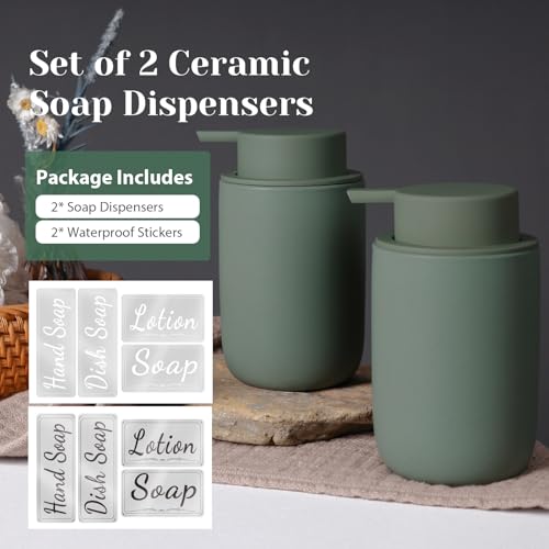 INGOFIN Ceramic Foaming Soap Dispenser Set, 2 Pack (12 oz) Bathroom Foam Hand Soap Dispenser with Pump, Hand and Dish Dispenser Set with 8 Pcs Clear Stickers,for Kitchen- Matte Green - Image 2