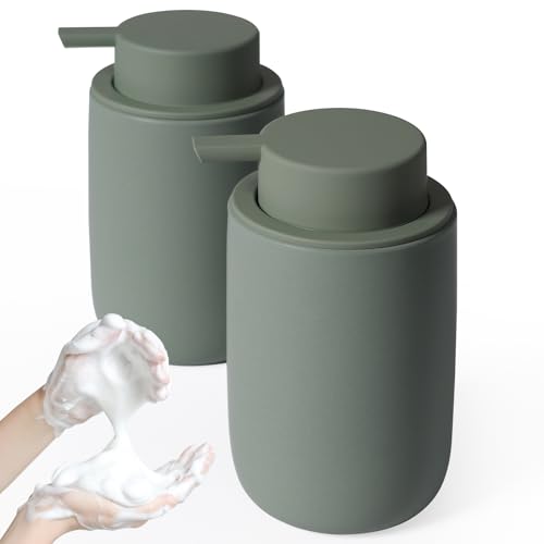 INGOFIN Ceramic Foaming Soap Dispenser Set, 2 Pack (12 oz) Bathroom Foam Hand Soap Dispenser with Pump, Hand and Dish Dispenser Set with 8 Pcs Clear Stickers,for Kitchen- Matte Green - Image 1