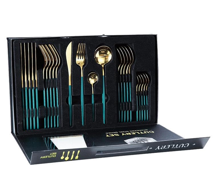 Iktu 24-Piece Stainless Steel Cutlery Set, Mirror Polished Tableware, Dishwasher Safe, Suitable for Housewarming Gift, Dining Table Decor (Green-Gold) - Image 1