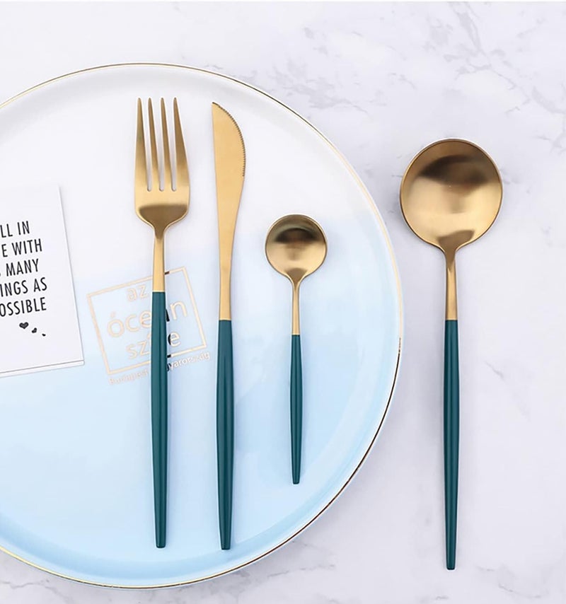 Iktu 24-Piece Stainless Steel Cutlery Set, Mirror Polished Tableware, Dishwasher Safe, Suitable for Housewarming Gift, Dining Table Decor (Green-Gold) - Image 5