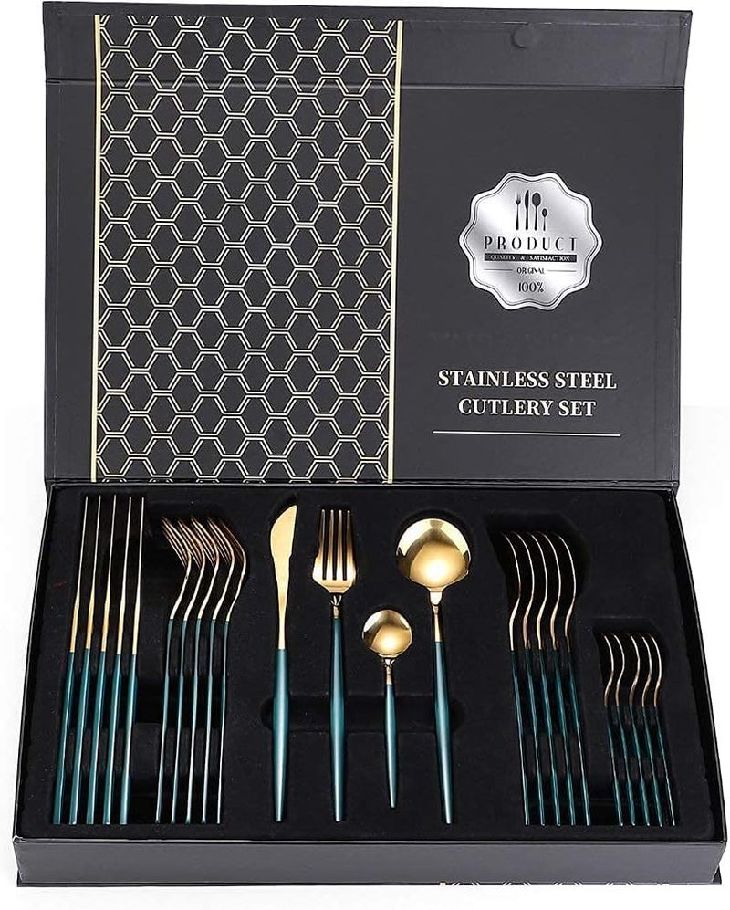 Iktu 24-Piece Stainless Steel Cutlery Set, Mirror Polished Tableware, Dishwasher Safe, Suitable for Housewarming Gift, Dining Table Decor (Green-Gold) - Image 4