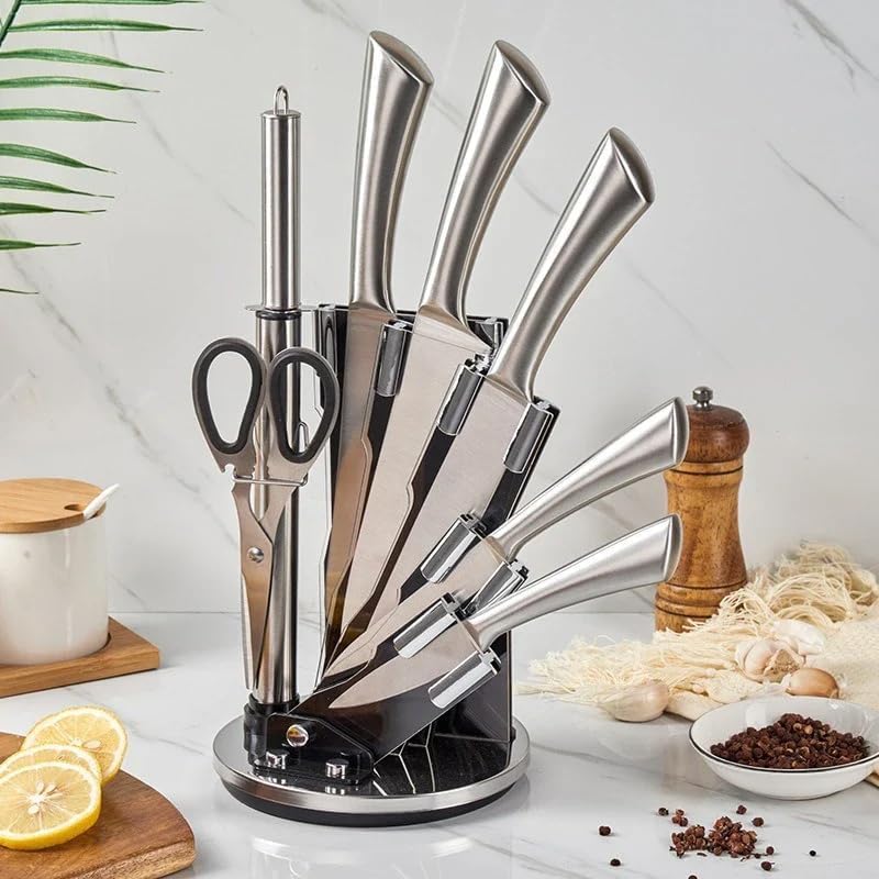 Cuisine Art 8-Piece Professional Kitchen Knife Set with Revolving Stand – Includes Chef, Cleaver, Slicing, Utility, Fruit Knives, Scissors, Sharpening Rod, and Knife Block - Silver - Image 4