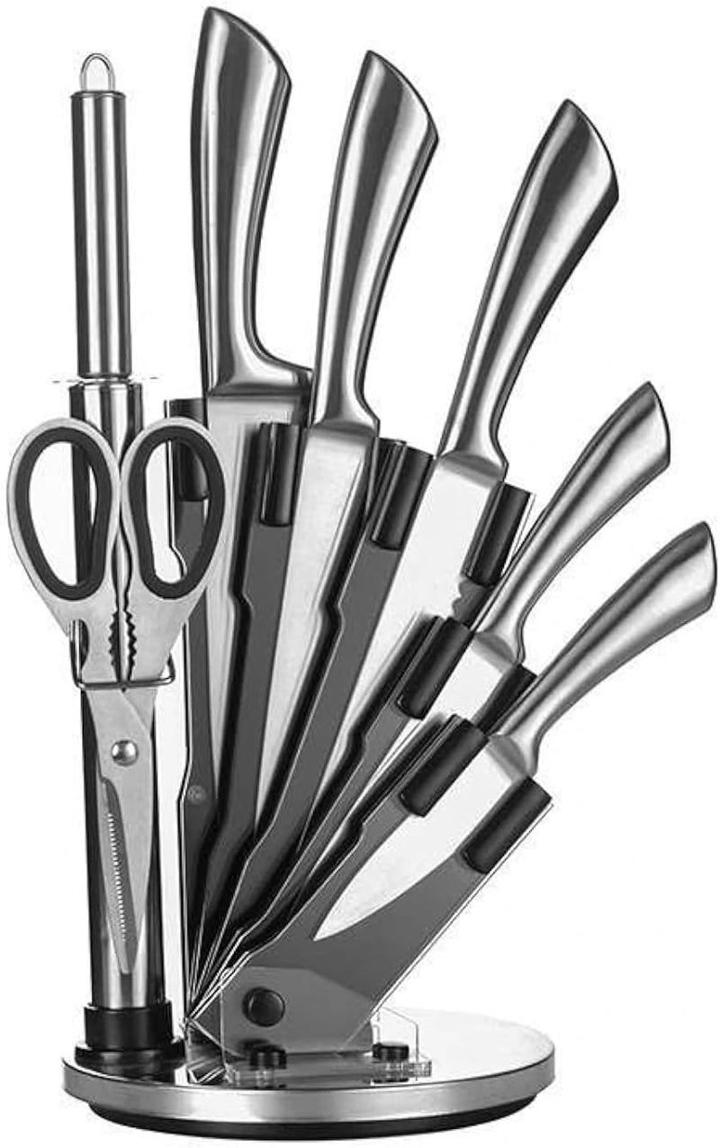 Cuisine Art 8-Piece Professional Kitchen Knife Set with Revolving Stand – Includes Chef, Cleaver, Slicing, Utility, Fruit Knives, Scissors, Sharpening Rod, and Knife Block - Silver - Image 1