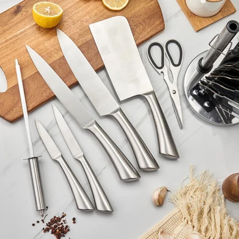 Cuisine Art 8-Piece Professional Kitchen Knife Set with Revolving Stand – Includes Chef, Cleaver, Slicing, Utility, Fruit Knives, Scissors, Sharpening Rod, and Knife Block - Silver - Image 3