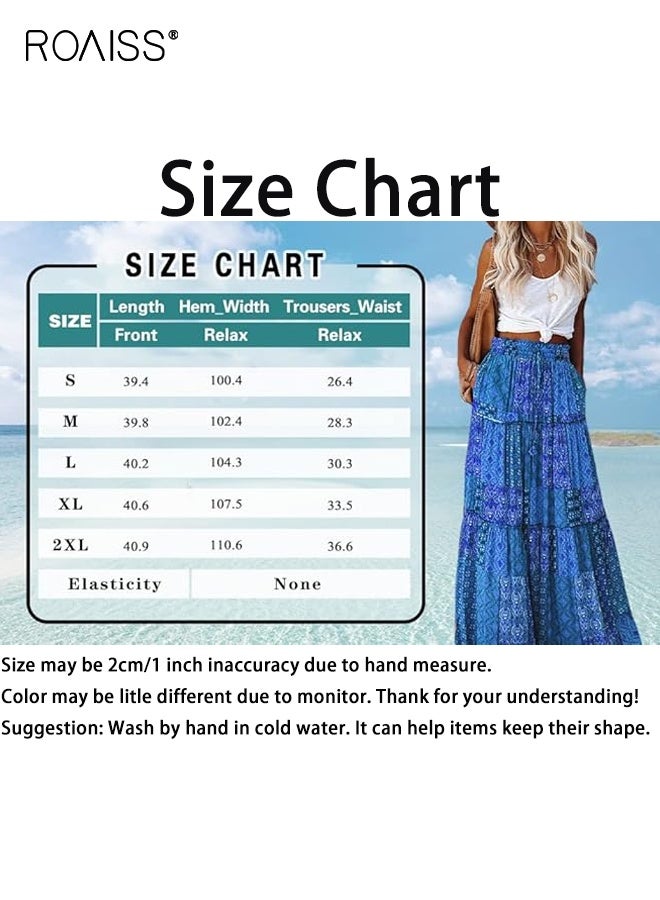 رويس تنورة ماكسي طويلة مطبوعة متعددة الطبقات بخصر مرتفع للنساء مع جيوب، تنورة شاطئ بوهيمية فضفاضة لقضاء العطلات - Image 5