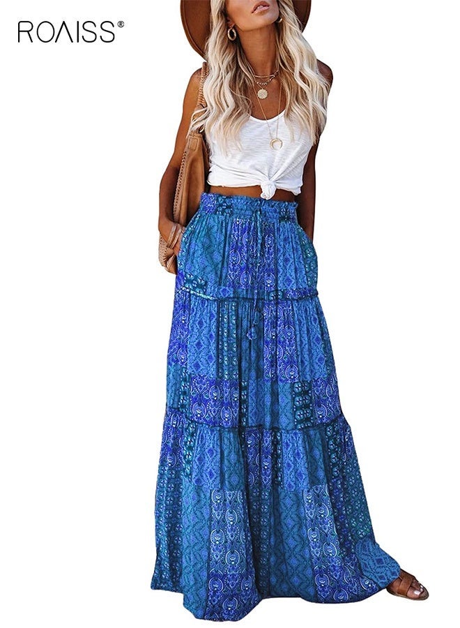 رويس تنورة ماكسي طويلة مطبوعة متعددة الطبقات بخصر مرتفع للنساء مع جيوب، تنورة شاطئ بوهيمية فضفاضة لقضاء العطلات - Image 1