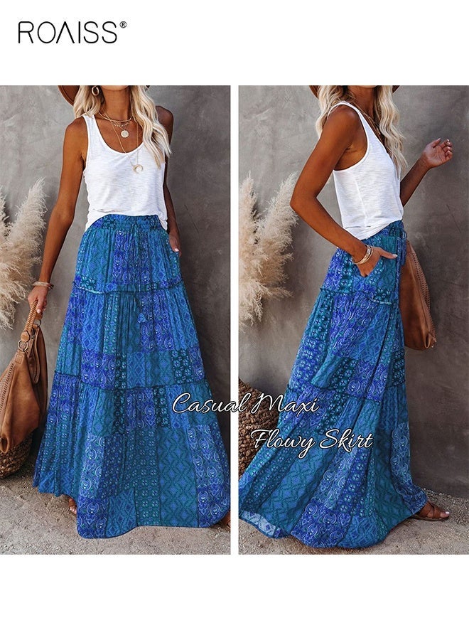 رويس تنورة ماكسي طويلة مطبوعة متعددة الطبقات بخصر مرتفع للنساء مع جيوب، تنورة شاطئ بوهيمية فضفاضة لقضاء العطلات - Image 2