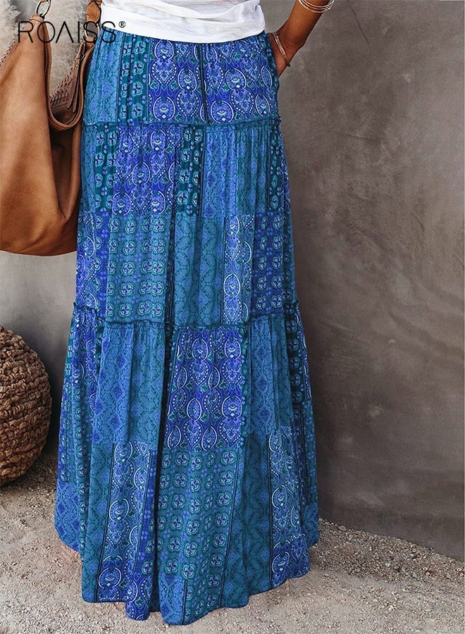 رويس تنورة ماكسي طويلة مطبوعة متعددة الطبقات بخصر مرتفع للنساء مع جيوب، تنورة شاطئ بوهيمية فضفاضة لقضاء العطلات - Image 3