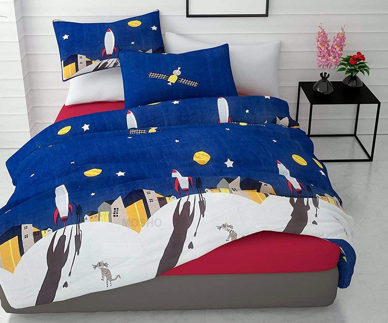 MOSHO 180 Tc Polycotton Kids Night Scene Rocket in Sky Cartoon BedSheet Double Bed - Image 3