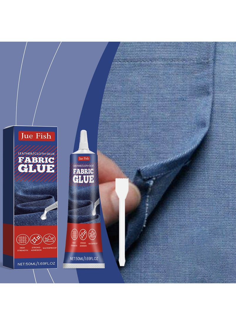 JUE-FISH Fabric Glue Permanent 50 ml, Fabric Glue for Patch, Clear Fabric Glue for Clothing Permanent Washable, Leather Glue for All Fabrics, Cotton, Denim, Flannel, Polyester  - Image 1