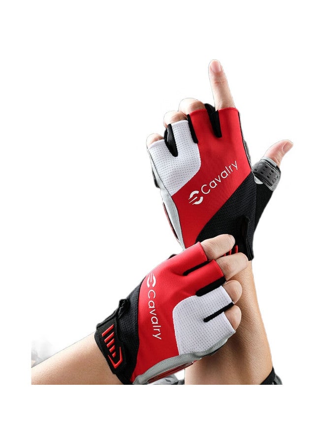 CAVALRY Silicone Half-Finger Gloves, Summer Outdoor Sports Fitness Gloves, Men'S And Women'S Gel Short-Finger Mountain Bike Road Bike Shock-Absorbing Sweat-Wicking Gloves, Cycling Equipment, Red And White, Size M - Image 2