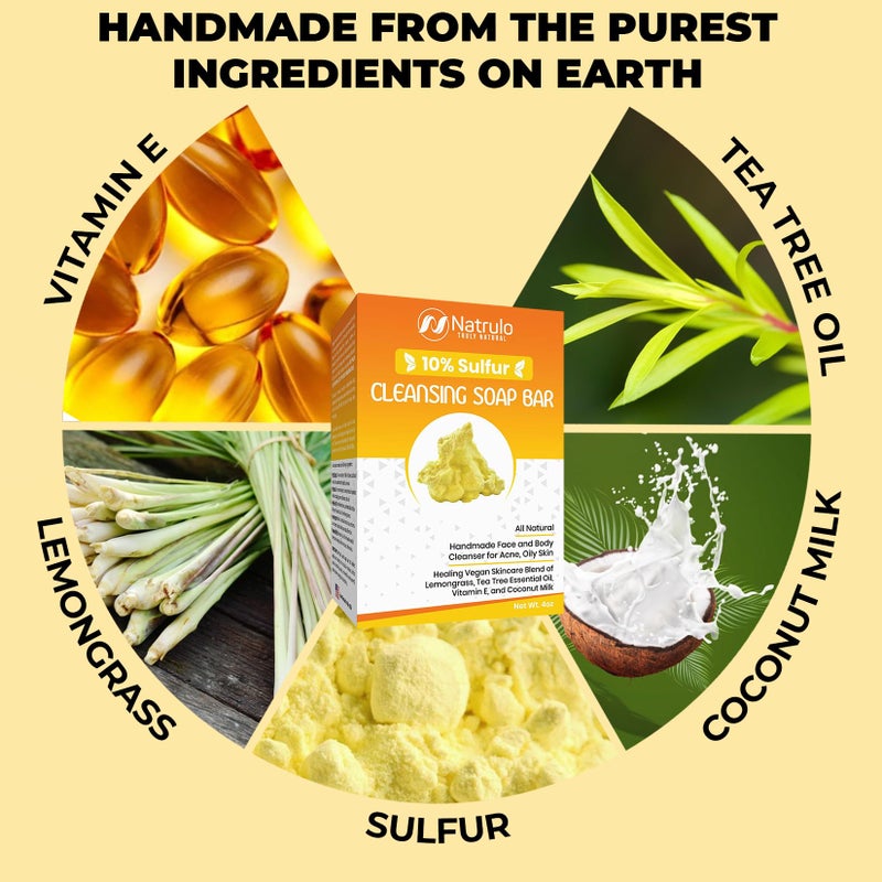 Natrulo 10% Sulfur Soap Cleansing Bar for Face & Body â€“ All Natural Facial Cleanser for Acne, Oily Skin â€“ Healing Skincare Blend of Lemongrass, Tea Tree Essential Oil, Vitamin E, Coconut Milk â€“ Made in USA - Image 4