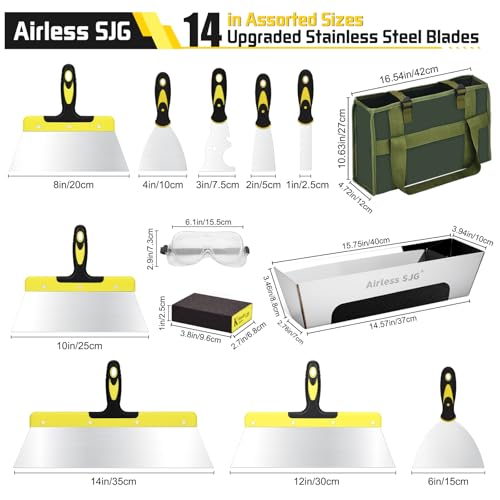 Airless SJG 14PCS Drywall Knife Set, Hand Tool Kit Include Stainless Steel Putty Knives, Taping Knives, Painter Scraper, 14" Drywall Mud Pan,Oxford Carry Bag & Sanding Block,Spackle Tools for Home - Image 2