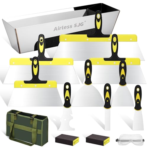 Airless SJG 14PCS Drywall Knife Set, Hand Tool Kit Include Stainless Steel Putty Knives, Taping Knives, Painter Scraper, 14" Drywall Mud Pan,Oxford Carry Bag & Sanding Block,Spackle Tools for Home - Image 1
