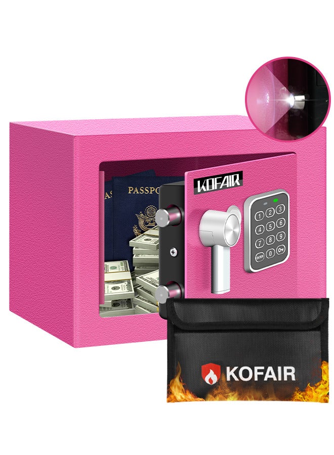 كوفاير صندوق خزنة للمنزل من KOFARI - خزنة شخصية مقاومة للحريق مع قفل رقمي وإضاءة (0.23 قدم مكعب، وردي) - Image 1
