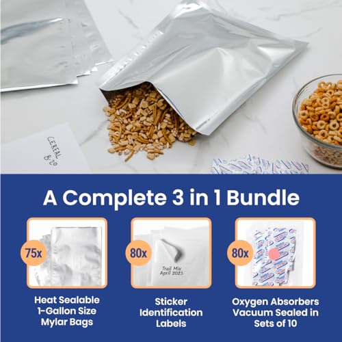 Wallaby 75 Count 1-Gallon Mylar Bags with 400cc Oxygen Absorbers, 10 Mil Total Thickness Long-Term Food Storage Pouches, 10x14 Heat-Sealable Airtight Packaging - Silver - Image 3