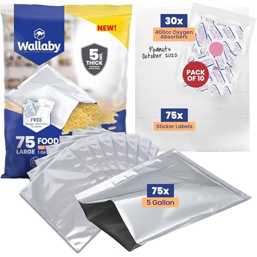 Wallaby 75 Count 1-Gallon Mylar Bags with 400cc Oxygen Absorbers, 10 Mil Total Thickness Long-Term Food Storage Pouches, 10x14 Heat-Sealable Airtight Packaging - Silver - Image 1