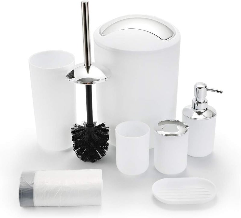 UYCCIMB Bathroom Sets Accessories,Plastic 6 Piece Bathroom Accessory Set Bathroom Trash Can Set with Drawstring Trash Bags,Toothbrush Holder Set,Soap Dispenser,Tooth Mug,Soap Dish,Toilet Brush Holder(White) - Image 1