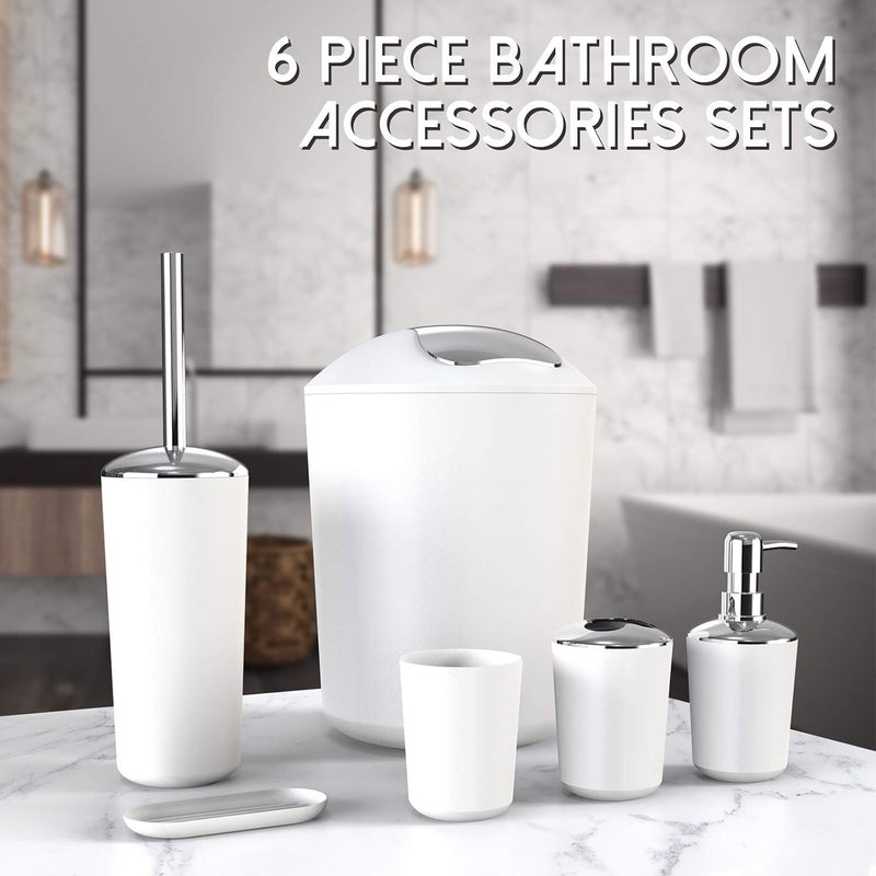 UYCCIMB Bathroom Sets Accessories,Plastic 6 Piece Bathroom Accessory Set Bathroom Trash Can Set with Drawstring Trash Bags,Toothbrush Holder Set,Soap Dispenser,Tooth Mug,Soap Dish,Toilet Brush Holder(White) - Image 5