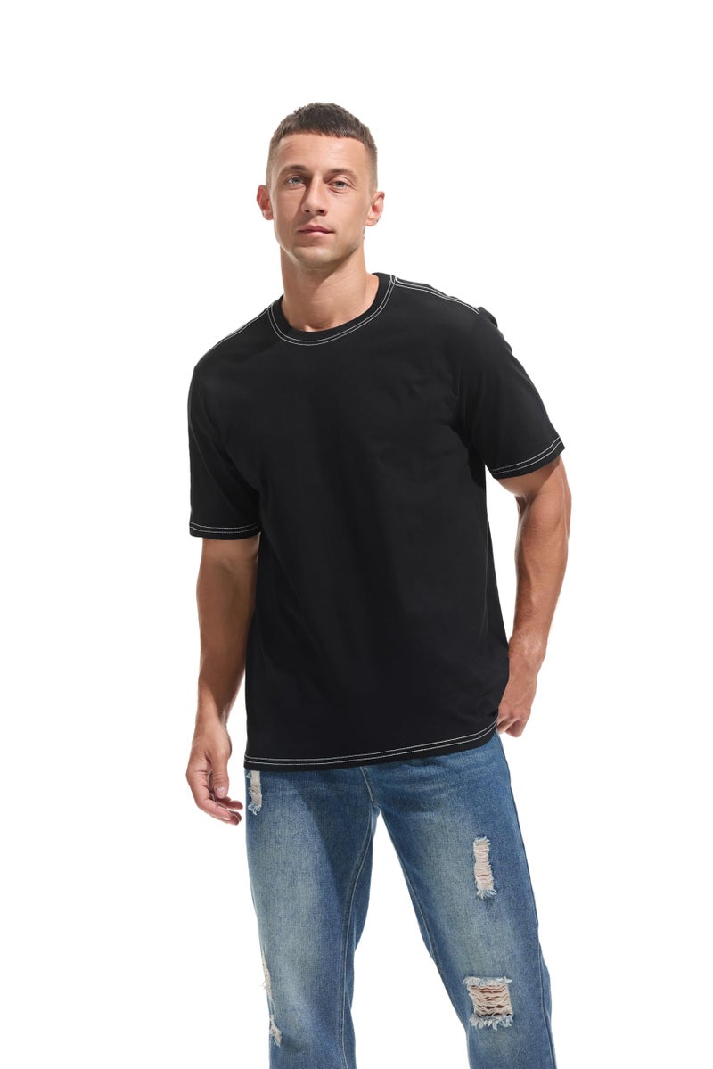VEIISAR Men's Heavy Weight Crew Neck T-Shirt - Mens Premium Cotton Thick Tee Pre Shrunk Black L - Image 3