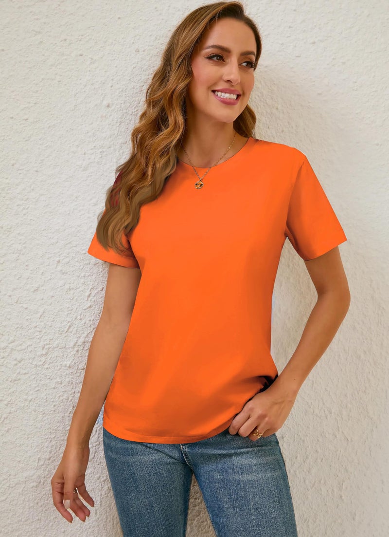 BJY 100% Cotton Women's Orange Short Sleeve Crew Neck T-Shirt, Regular Fit Casual T Shirt Tops, Basic Tees, Tshirt, Tshirt - Image 2