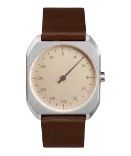 slow Mo 08 - Swiss Made one-hand 24 hour watch - Silver with dark brown leather band - Image 1