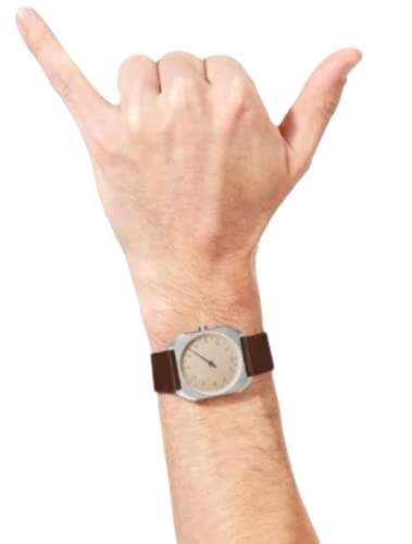 slow Mo 08 - Swiss Made one-hand 24 hour watch - Silver with dark brown leather band - Image 4