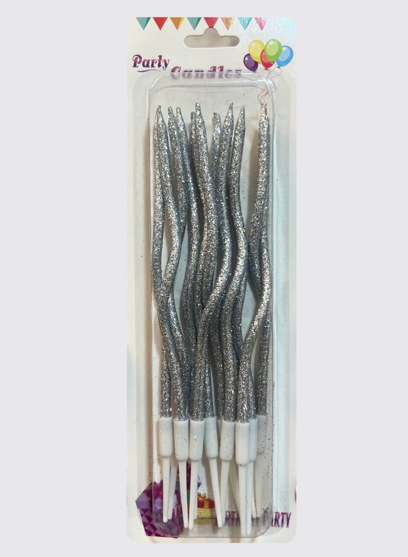 12 Twisted Glitter Birthday Candles Spiral Cake Candles Metallic Cupcake Cake Candles Thin Long Cake Candles with Holders (Silver) - Image 1