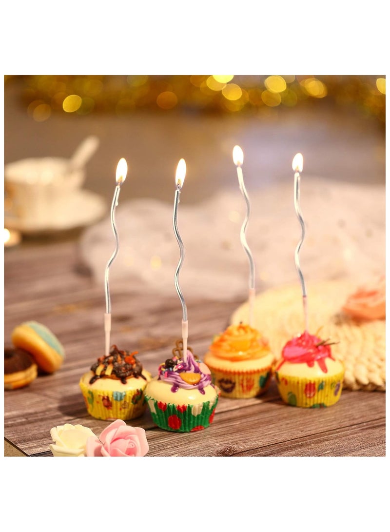 12 Twisted Glitter Birthday Candles Spiral Cake Candles Metallic Cupcake Cake Candles Thin Long Cake Candles with Holders (Silver) - Image 5