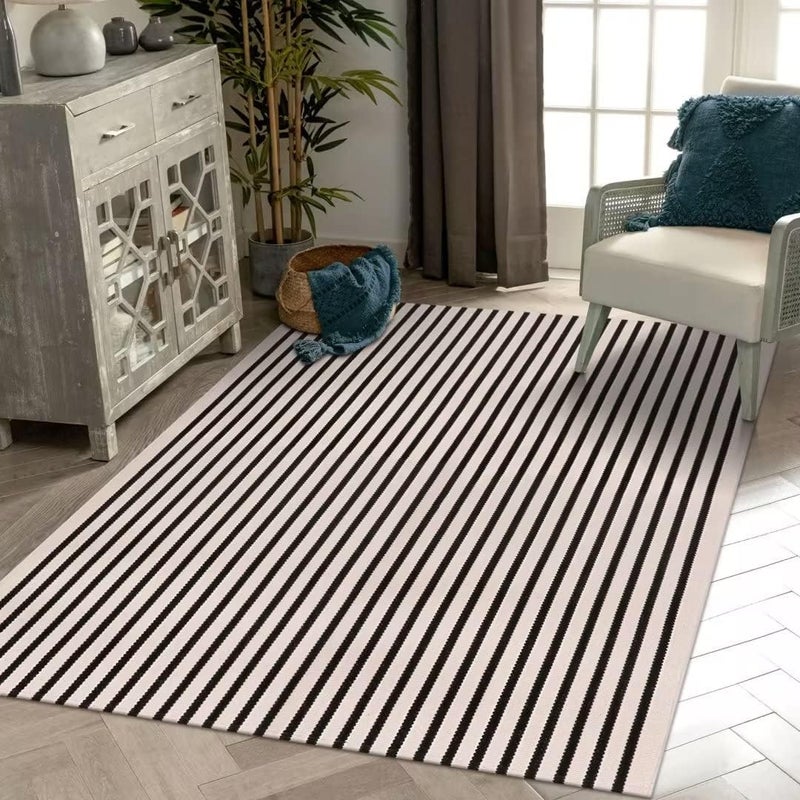 LEEVAN Washable Area Rug  5x8 Living Room  Bedroom Rug  Black  White Striped for Kitchen Dining Room Playroom Mudroom Entryway