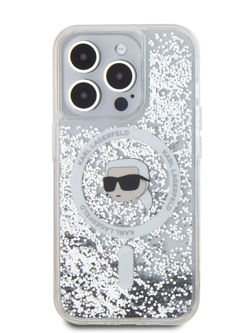 كارل لاغرفيلد جراب Magsafe Liquid Glitter Hard Case مع Karl Head لهاتف iPhone 16 Pro Max / حماية من السقوط / تصميم نحيف / قبضة مريحة - شفاف