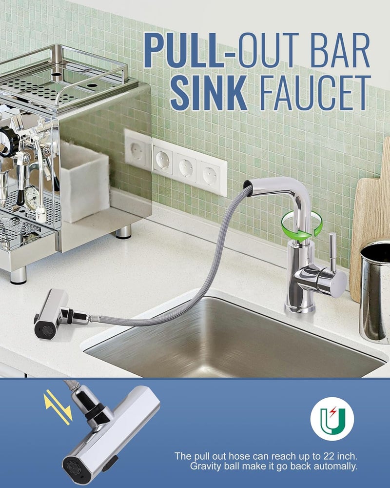 ALEASHA Bar Sink Faucet Single Hole - for Bar Small Kitchen Bathroom Faucets with cUPC Supply Lines, 3 Water Modes Wet Bar Faucets 360 Swivel Prep Sink Faucet with Pull Out Sprayer, Chrome - Image 3