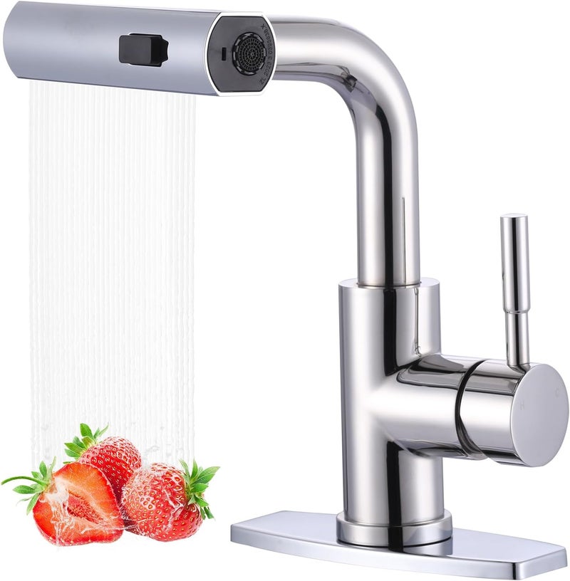 ALEASHA Bar Sink Faucet Single Hole - for Bar Small Kitchen Bathroom Faucets with cUPC Supply Lines, 3 Water Modes Wet Bar Faucets 360 Swivel Prep Sink Faucet with Pull Out Sprayer, Chrome - Image 1