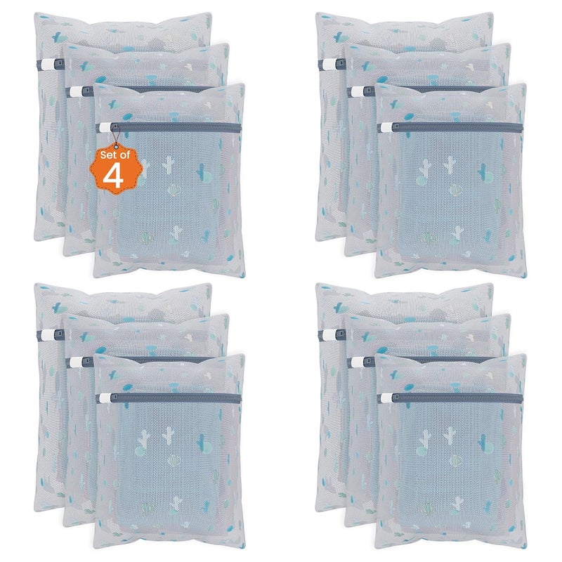 Kuber Industries Set of 12 Polyester Mesh Laundry Bag with Zip Reusable Washing Bags for Washing Machine Ideal for Delicate Fabrics Lingerie Shoes Protection YZ91 Cactus Print White - Image 1