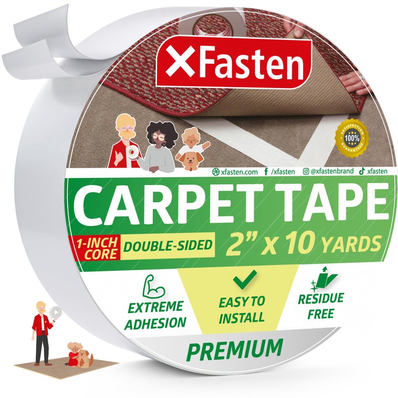 XFasten Double Sided Carpet Tape for Area Rugs, 2 Inch x 10 Yards 1-Inch Core â€“ Heavy Duty Anti Slip Rug Grip Tape, Works as Rug Gripper, Wood Safe, Easy Removal for Hardwood and Laminate Floors - Image 1