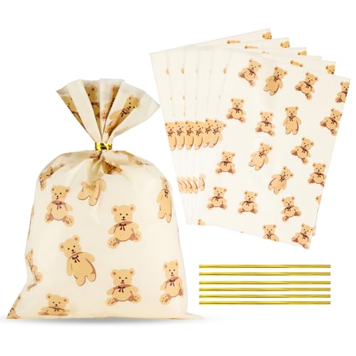 Docvania Bear Cellophane Treat Bags Plastic Gift Bag 100 pcs 5 X 7 Bear Cookie Bags with Ties Goodie Candy Bag Suitable for Mother's Day, Valentine's Day, and Holiday Parties - Image 1
